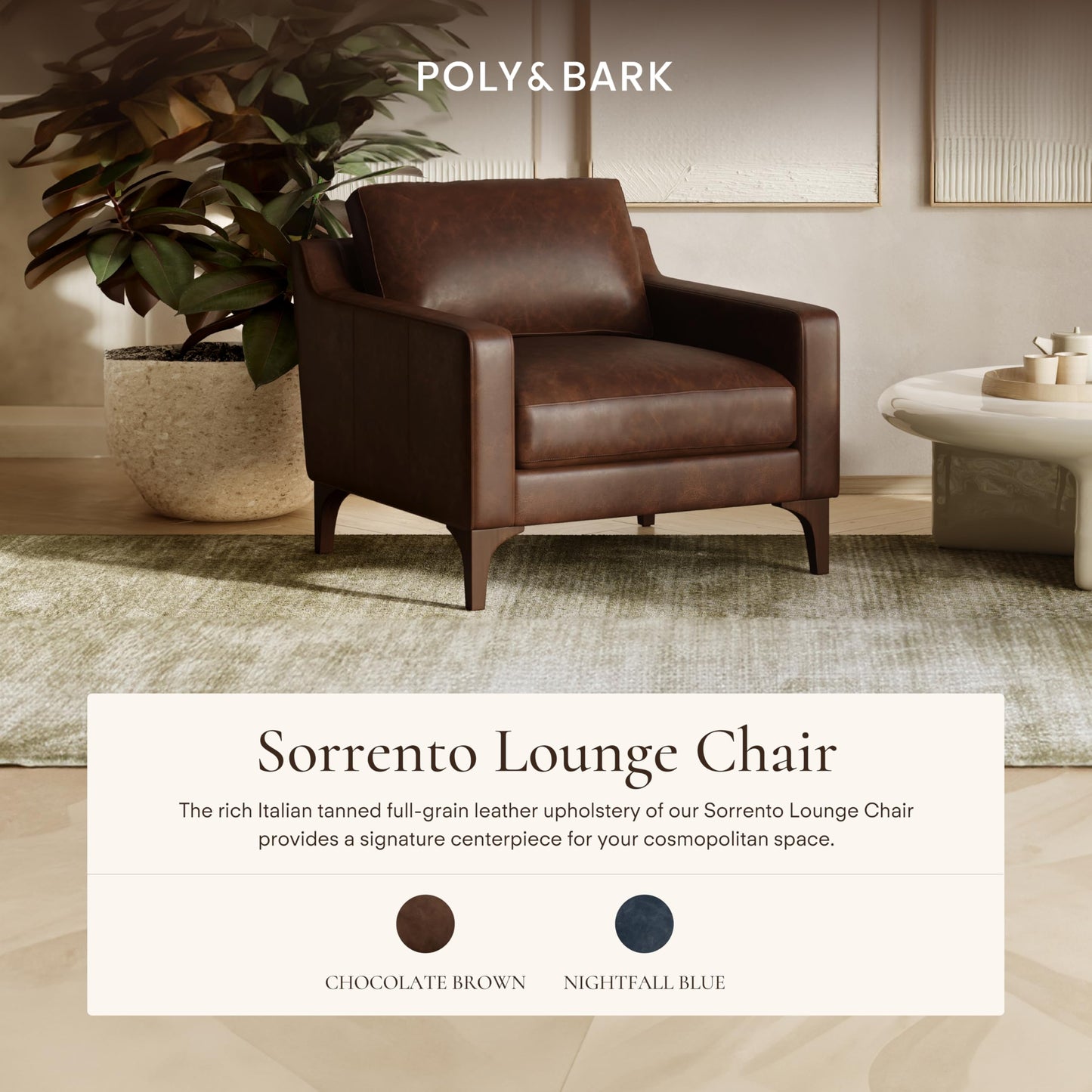 Poly & BARK Mateo Leather Lounge Chair – Cognac Tan Full-Grain Leather Upholstery – Modern Upholstered Accent Chair for Living Room or Bedroom – Indoor Lounge Seating with Timeless Comfort