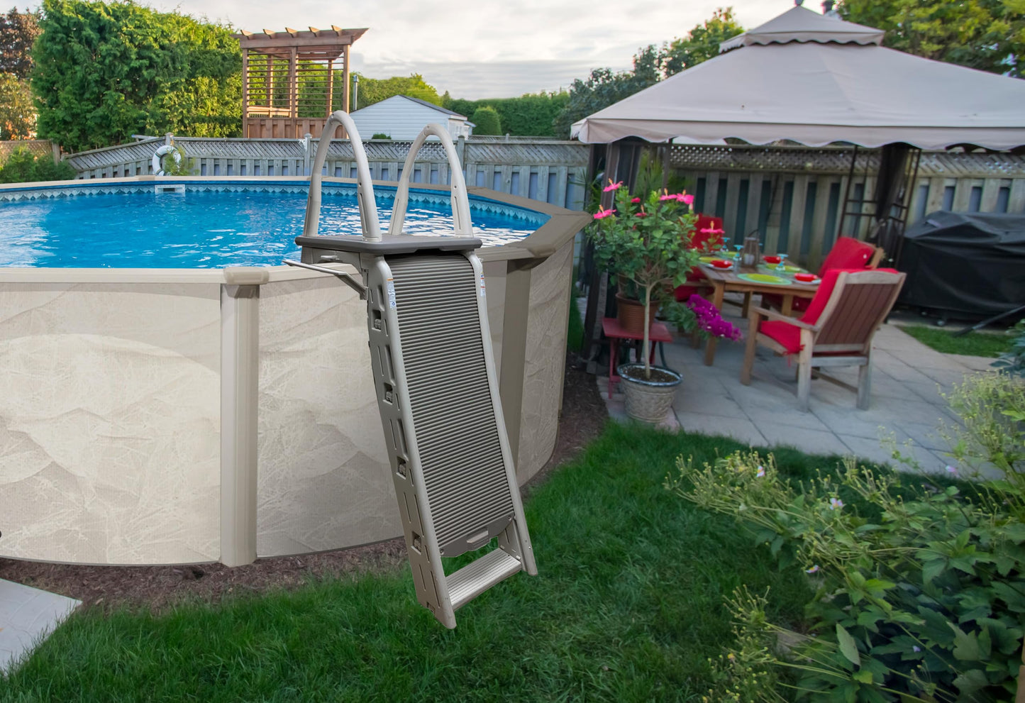 Confer Plastics 7200 Roll Guard fits Above-Ground Pool Heights from 48" to 56" A Frame Safety Ladder for Above Ground Outdoor Patio Swimming Pool Platform Ladder with Step Barrier Warm Grey