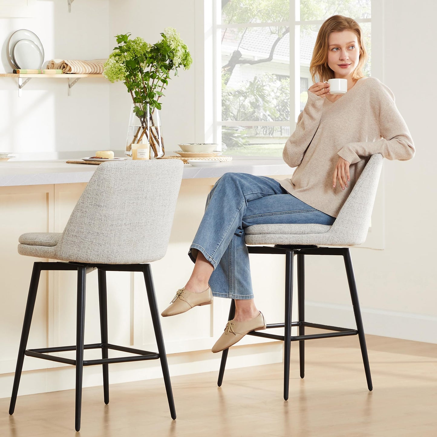 CHITA Swivel Bar Stools, 27.2" Counter Height Bar Stools Set of 3, FSC Certified Upholstered Modern Counter Stools, Metal Legs, Faux Leather, Saddle Brown