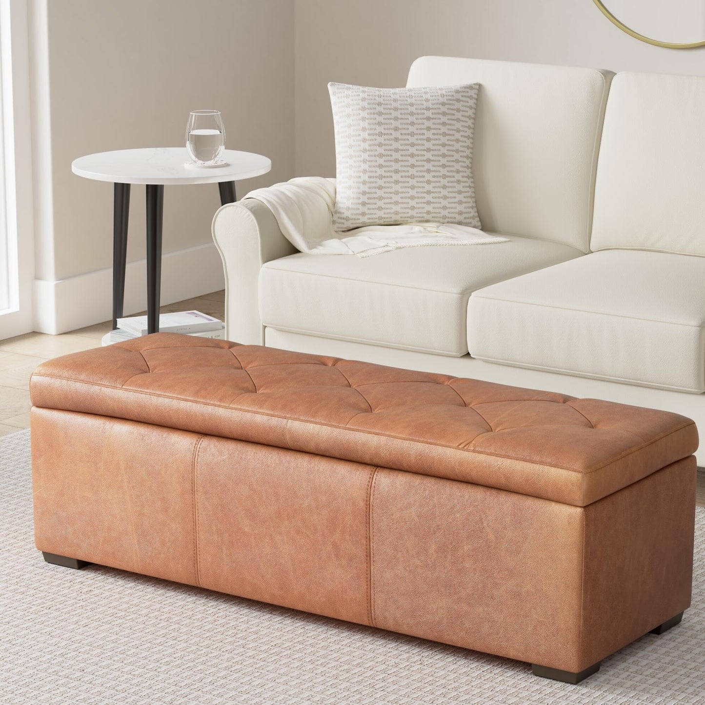 POLY & BARK Denver Ottoman – 43" Large Pouf with Feather-Down Topper – Full-Grain Leather Upholstered Pouf Ottoman for Living Room – Vintage Italian Leather in Cognac Tan