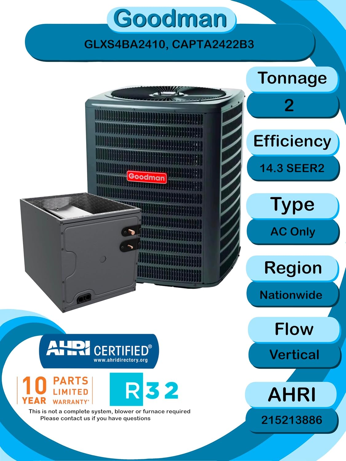 Goodman 2 ton 14.3 SEER2 Partial Split System with vertical coil with install accessories! (GLXS4BA2410 CAPTA2422B3)