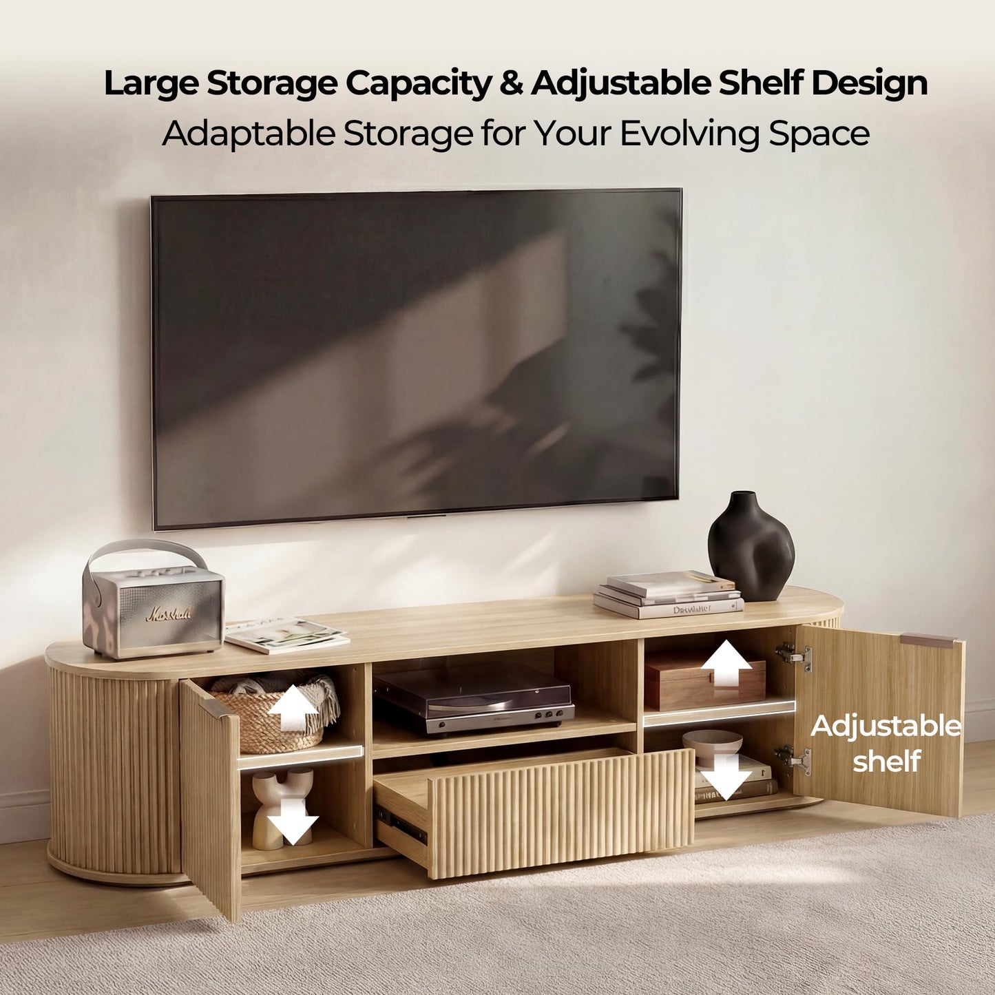 CHITA 70" Fluted TV Stands for Living Room for TVs Up to 80", Mid Century Modern Entertainment Center with Drawers, TV Console for Living Room with Storage and Adjustable Shelves, Walnut