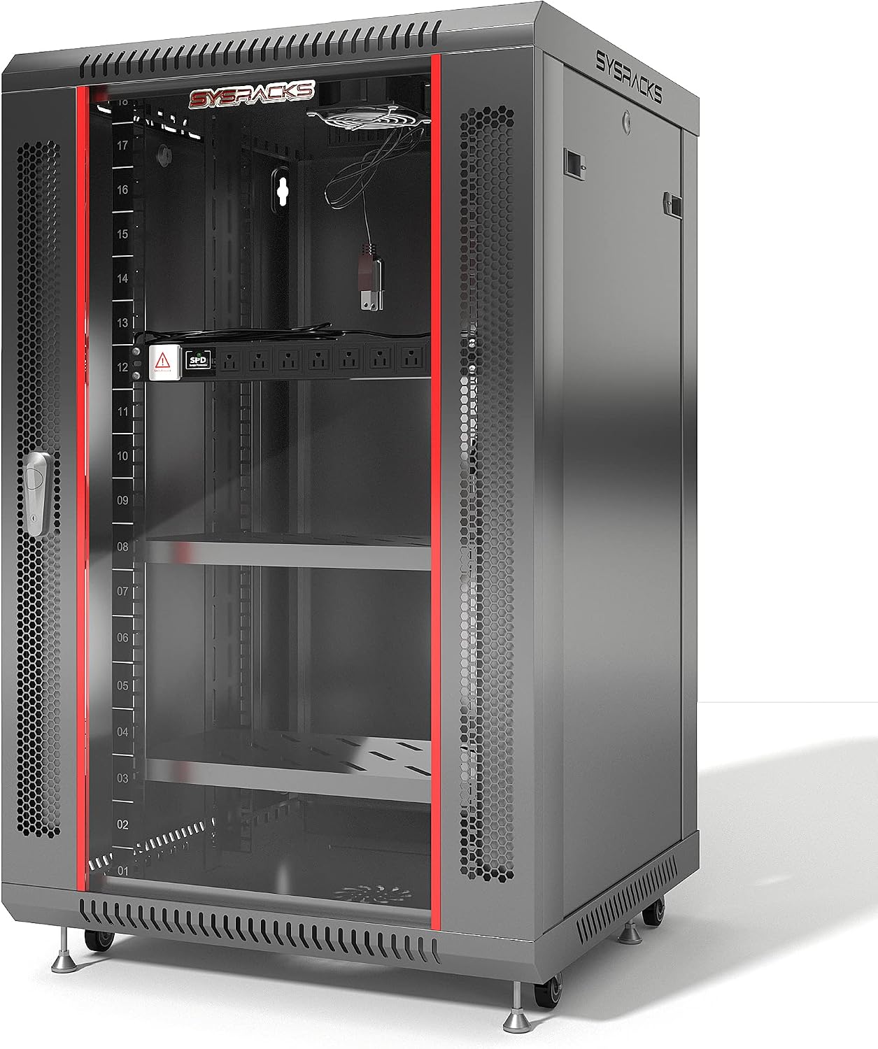 Sysracks Network Data Cabinet - 18U Rack Mount - Wall Mount IT Rack - Locking - Server Rack - 24-Inch deep Data Rack - Server Rack Cabinet with POWERBAR/Fan/Shelf/CASTERS for Servers - A/V Equipment