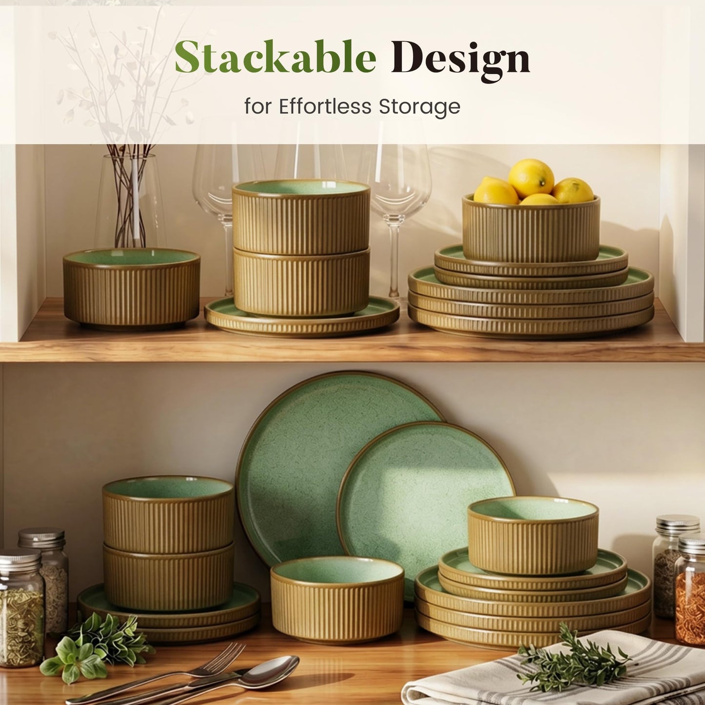 Kitchen Academy Brown Stoneawre Dinnerware Sets for 8, 24Pcs Ceramic Non Toxic Plates and Bowls Sets, Scratch Resistant Dishes, Oven & Microwave Safe