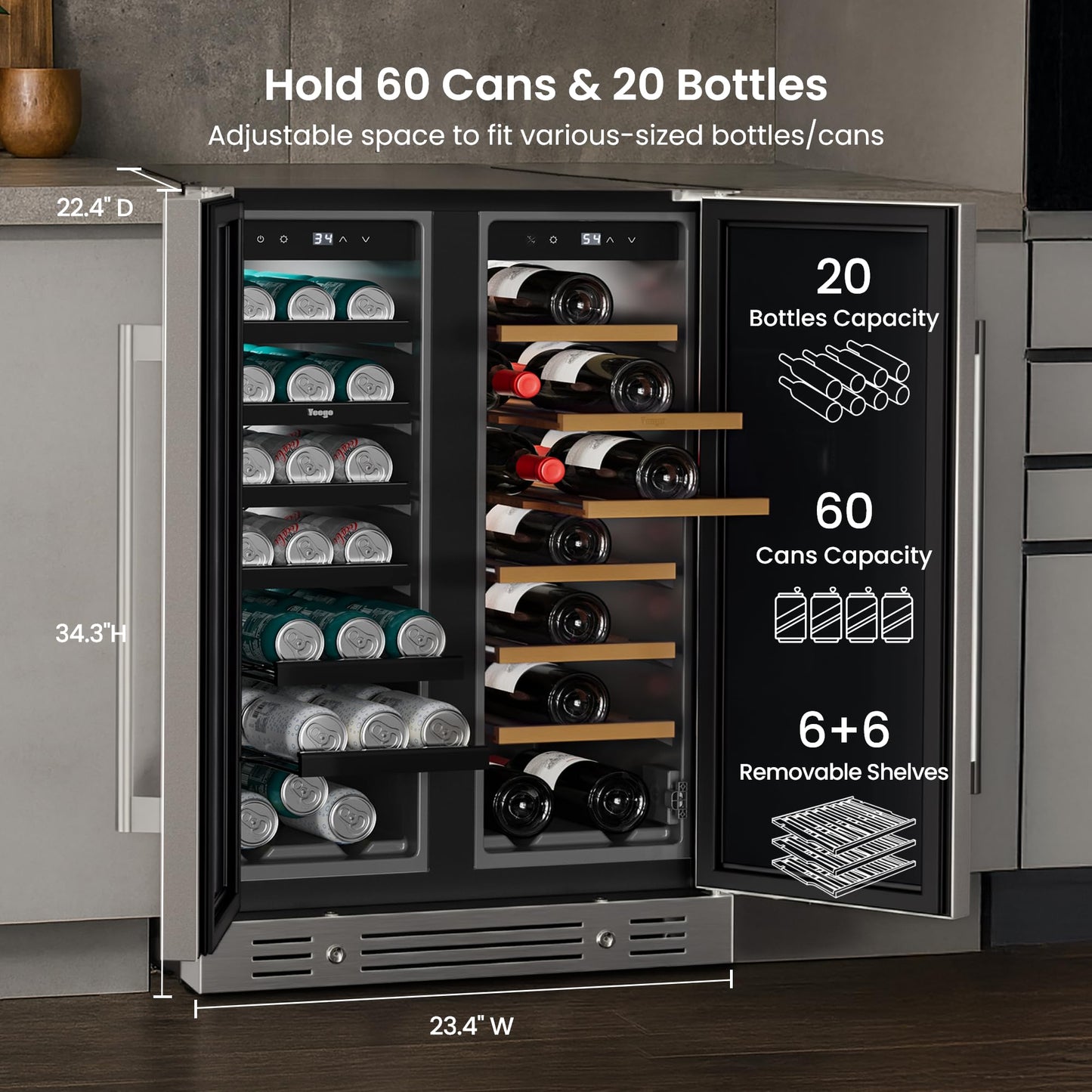 Yeego Wine Fridge Cooler - 24 Inch Dual Zone Wine Fridge Hold 52 Bottles, 40-65°F Wine Refrigerator Glass Door, Built in Fridge, Freestanding Adjustable Shelves Fridge for Beer Soda Drink Home Bar
