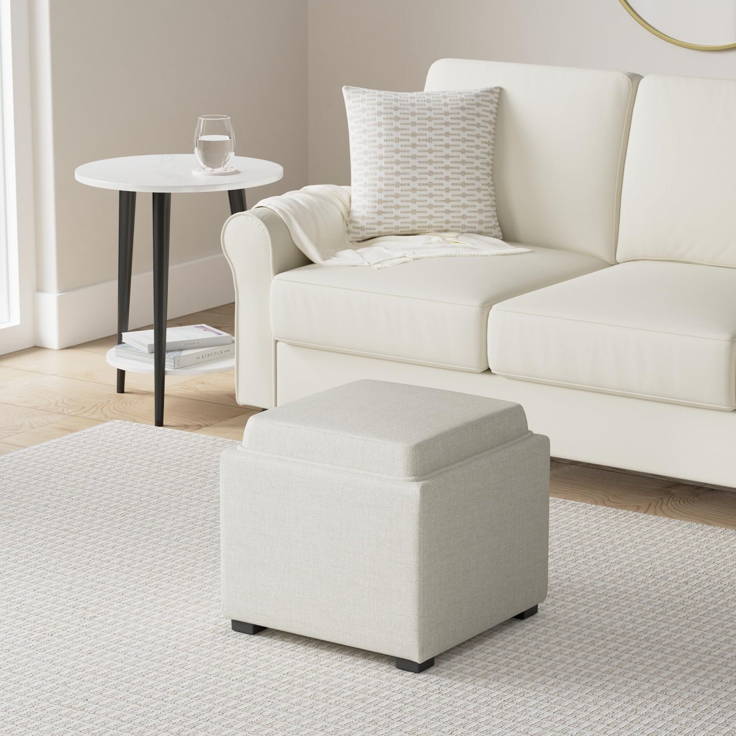 CHITA Storage Ottoman Cube with Tray Lid, Small Footstool with Storage, Square End Table for Living Room and Bedroom, Faux Leather in Saddle Brown