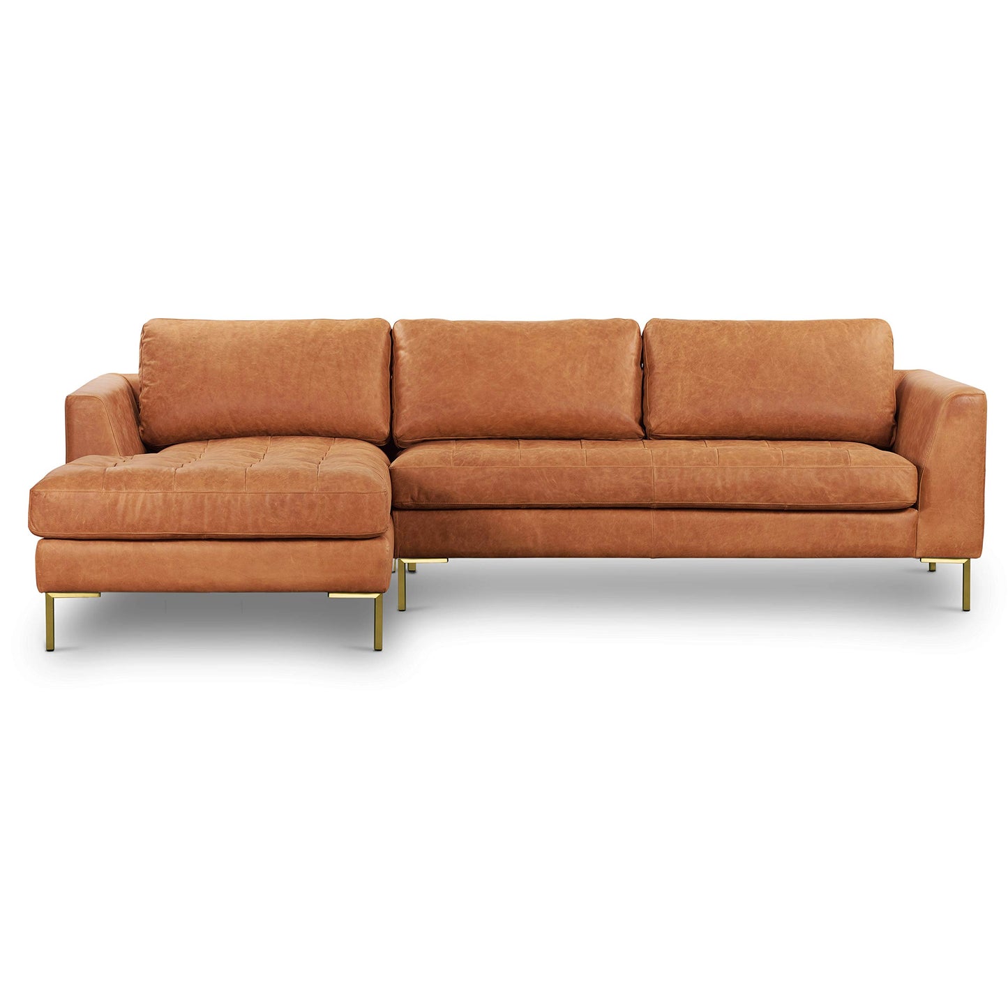 Poly & BARK Calle Right-Facing Sectional in Full-Grain Pure-Aniline Italian Tanned Leather in Cognac Tan and Brass Legs
