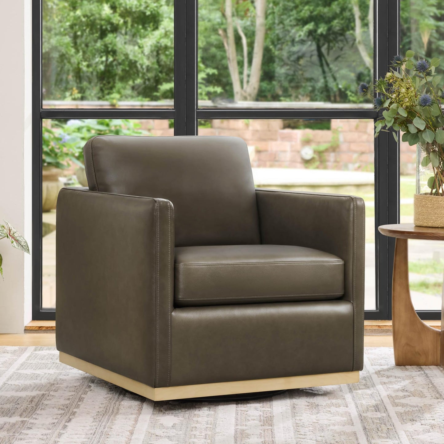 CHITA Genuine Leather Swivel Accent Chair, FSC Certified Mid Century Modern Arm Chair for Living Room and Bedroom, Fully Assembled, Saddle