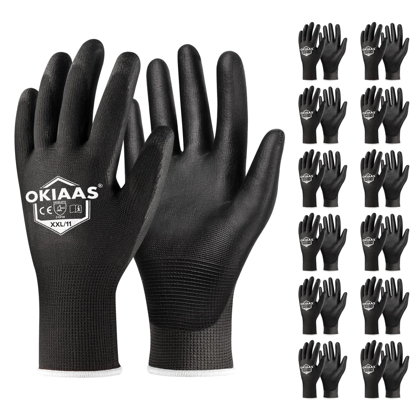 OKIAAS Work Gloves for Men,Ultra Thin and Lightweight Working Gloves with Grip,12 Pairs Bulk Pack Construction Gloves with Polyurethane Coating,Safety Gloves for Light Duty Work (Black, Large)