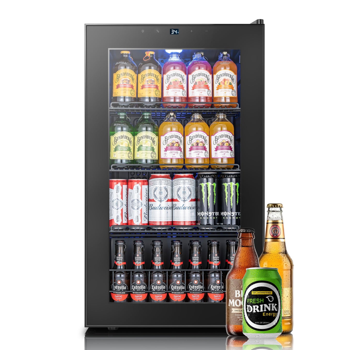 Yeego Beverage Refrigerator, 130 Can Mini Fridge with Glass Door, Adjustable Shelves, Digital Temperature Control 34°F-54°F, Drink Cooler for Soda, Beer and Wine, Freestanding or Under Counter, Black