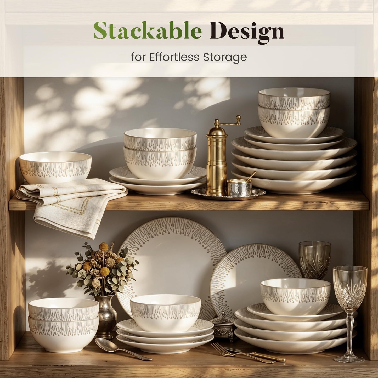 Kitchen Academy Stoneware Dinnerware Sets for 8, Embossed Ceramic Plates and Bowls Set, Beige Dishes