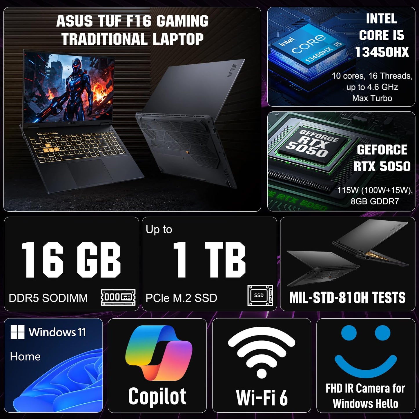 ASUS TUF Gaming F16 5050 Gaming Laptop, Intel Core i5-13450HX, 16" FHD+ 165Hz Anti-Glare 100% sRGB, GeForce RTX 5050, 16GB DDR5, 1TB SSD, RGB Backlit KB, IR Camera, HDMI, Windows 11 Home, w/Bundle