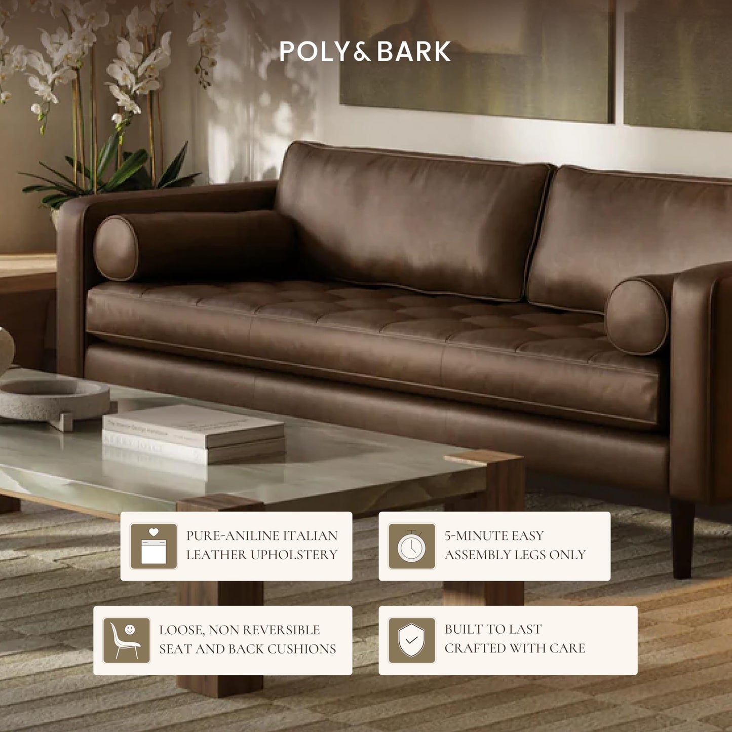 POLY & BARK Napa 82" Leather Pull‑Out Sleeper Sofa – Full‑Grain Italian Leather Upholstery,Tri‑Layer Mattress & Storage Console –Sophisticated Multi‑Functional Sofa Bed for Living Rooms & Guest Spaces