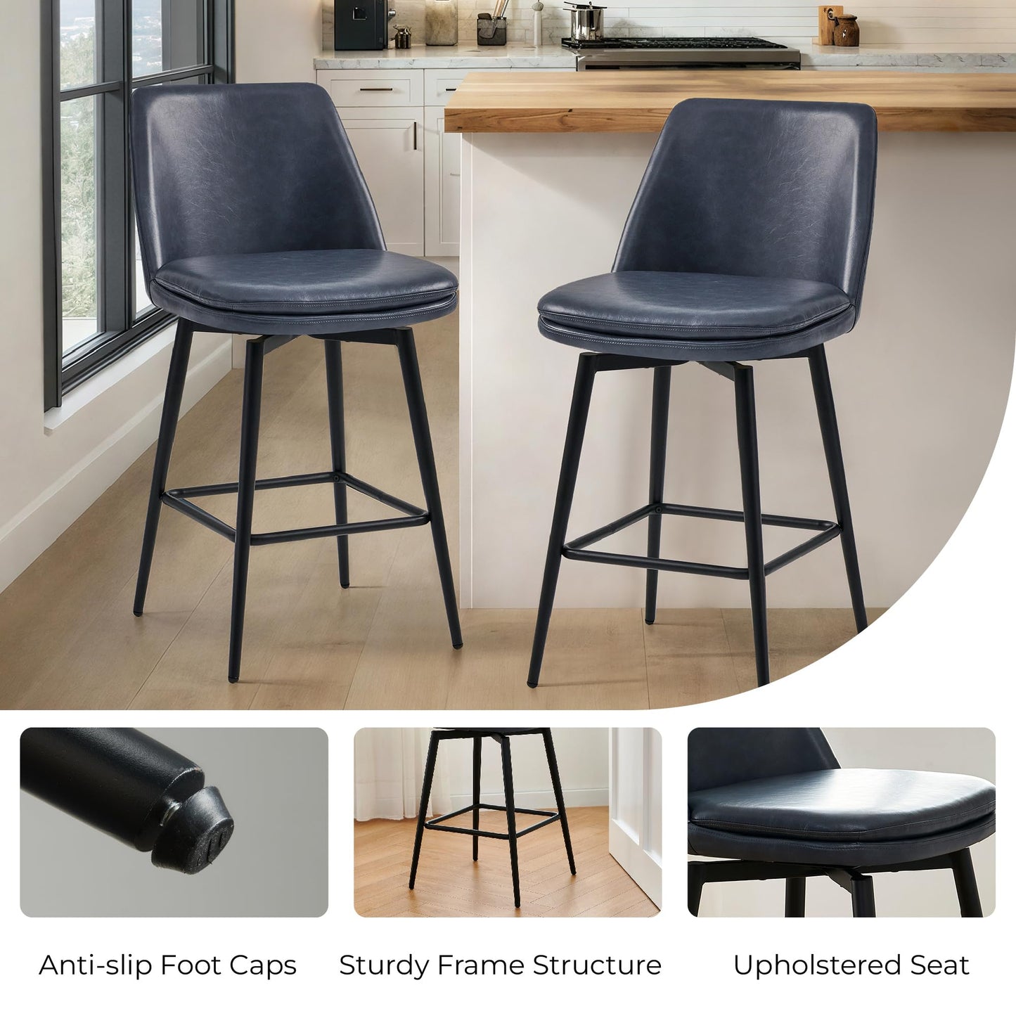 CHITA Swivel Bar Stools, 27.2" Counter Height Bar Stools Set of 3, FSC Certified Upholstered Modern Counter Stools, Metal Legs, Faux Leather, Saddle Brown