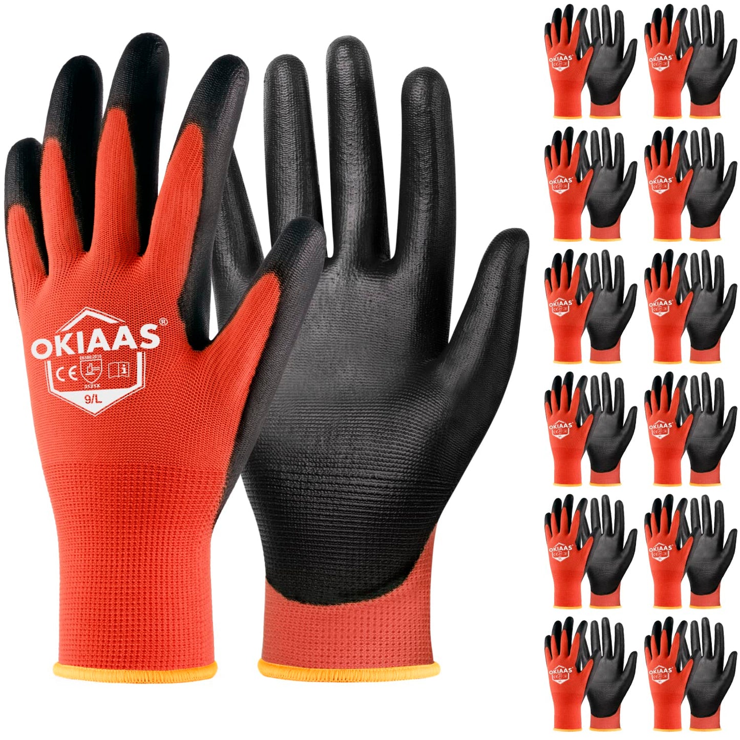 OKIAAS Work Gloves for Men,Ultra Thin and Lightweight Working Gloves with Grip,12 Pairs Bulk Pack Construction Gloves with Polyurethane Coating,Safety Gloves for Light Duty Work (Black, Large)