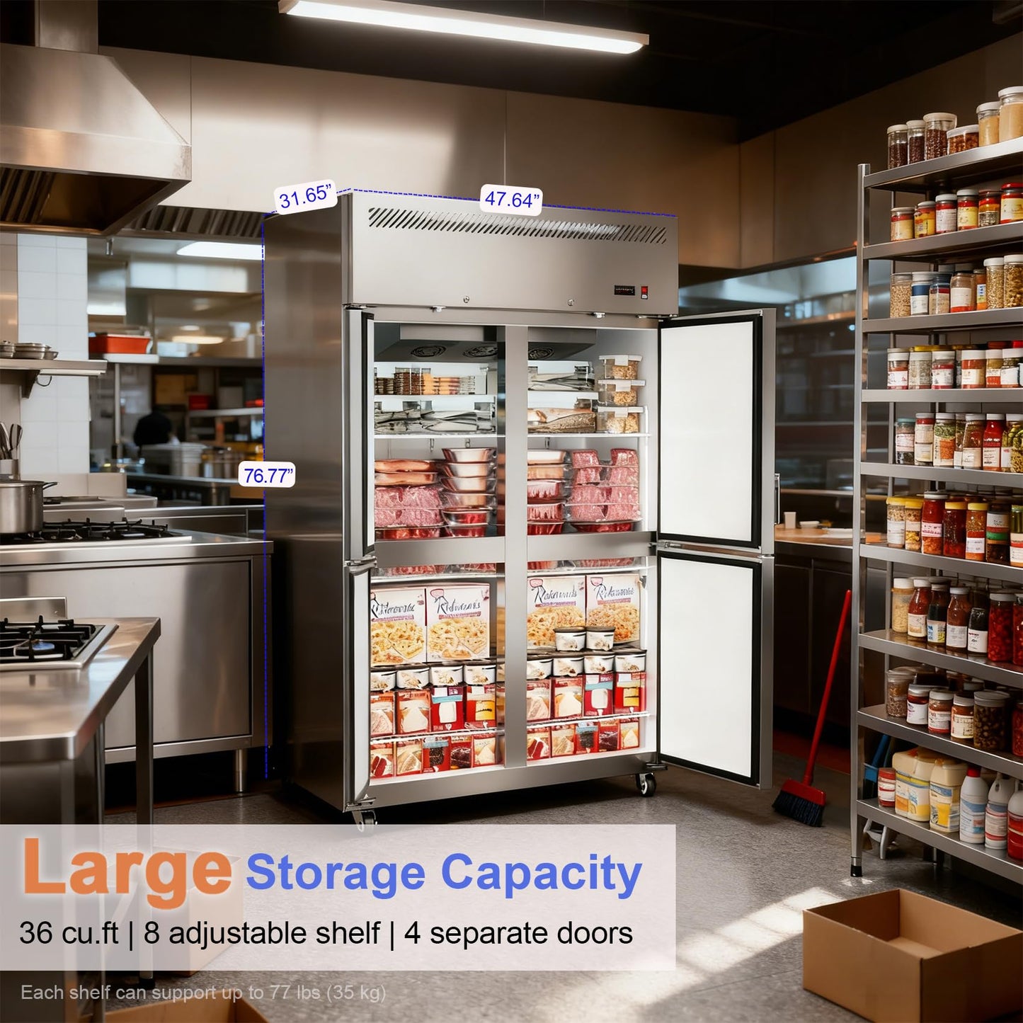 48"W 4 Door Commercial Freezer, 36 Cu.ft Stainless Steel Upright Freezer (-8℉ to -1℉) with 8 Adjustable Shelves, Lockable Door, Wheels, Auto-Defrost for Restaurant, Kitchen, Shop
