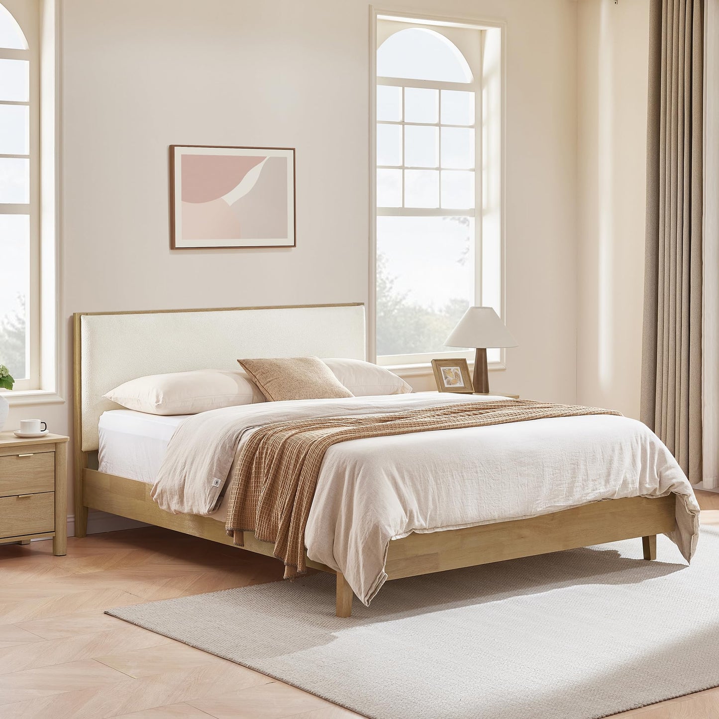 CHITA Queen Size Platform Bed Frame, with Boucle Upholstered Headboard and Wooden Slats Support, No Box Spring Required, Easy Assembly, Walnut