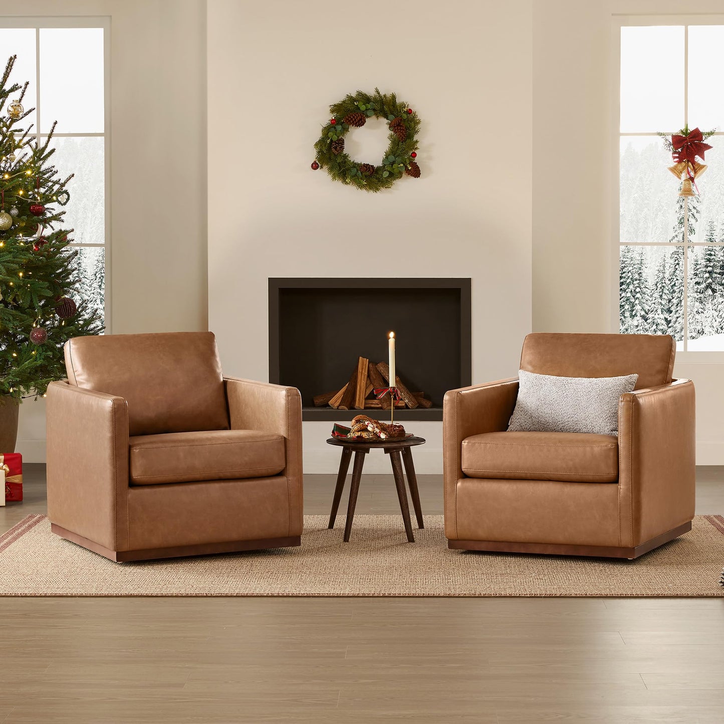 CHITA Genuine Leather Swivel Accent Chair, FSC Certified Mid Century Modern Arm Chair for Living Room and Bedroom, Fully Assembled, Saddle