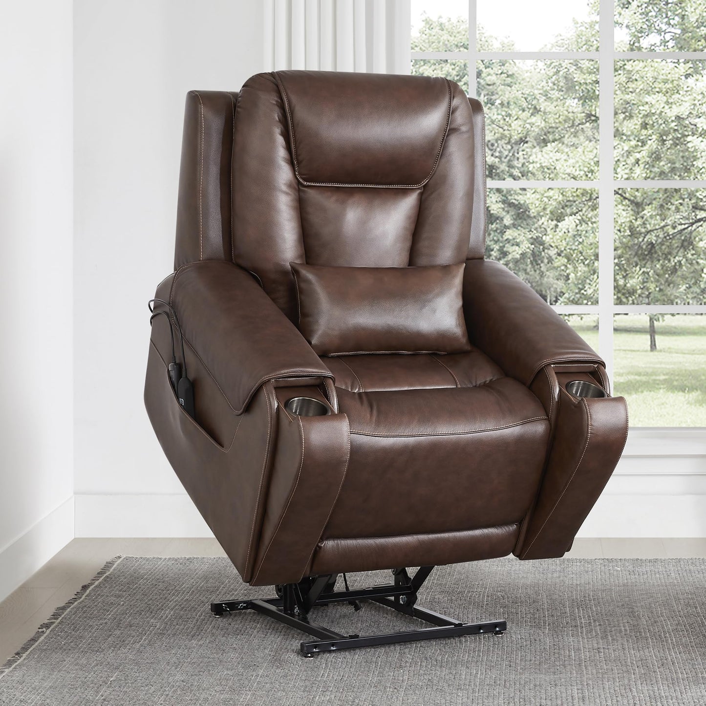 CHITA Electric Power Lift Recliner Chair for Elderly with Massage and Heat, Large Lay Flat Genuine Leather Recliner Chair with Cup Holders, USB Ports, Power Headrest, Independent Backrest, Saddle