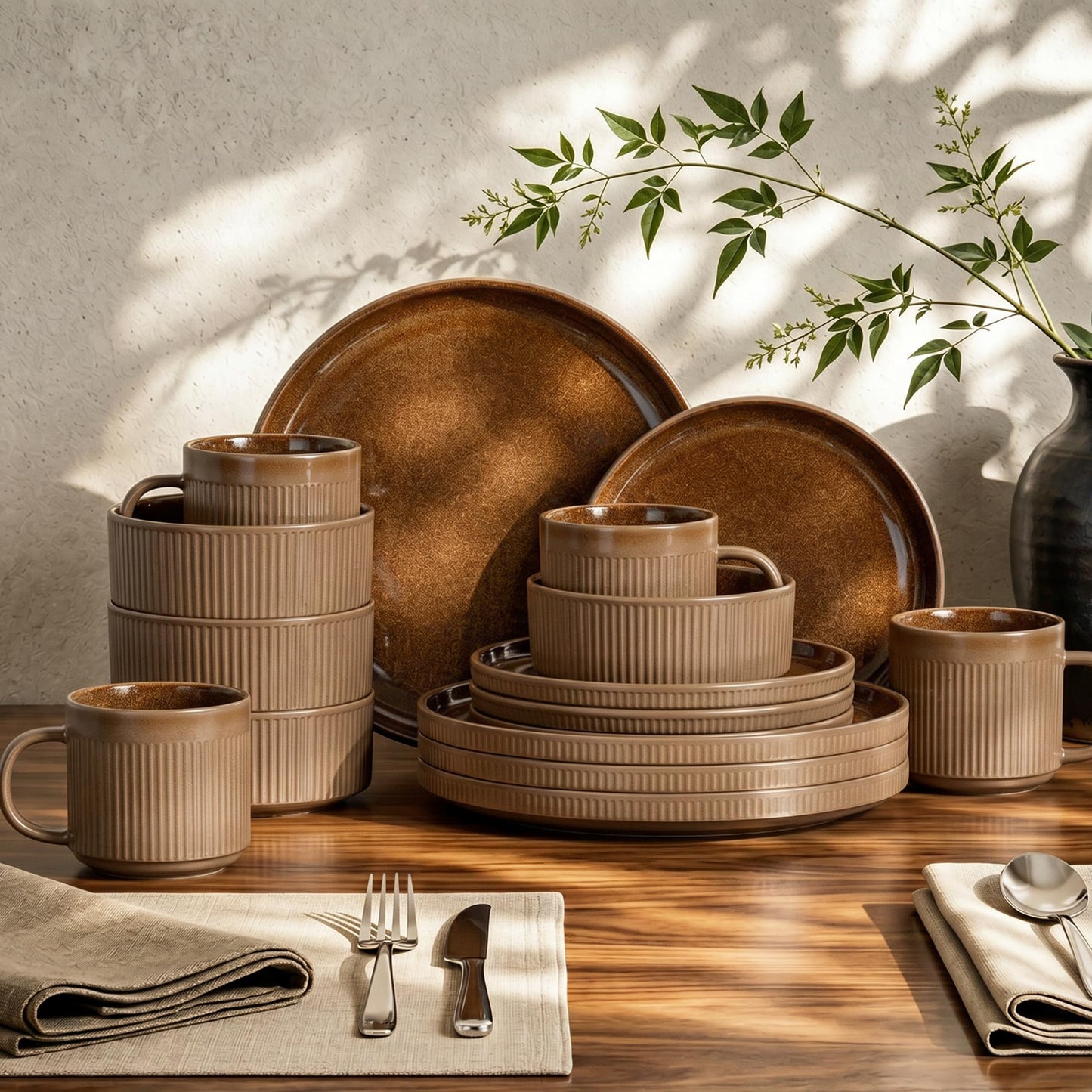Kitchen Academy Brown Stoneawre Dinnerware Sets for 8, 24Pcs Ceramic Non Toxic Plates and Bowls Sets, Scratch Resistant Dishes, Oven & Microwave Safe