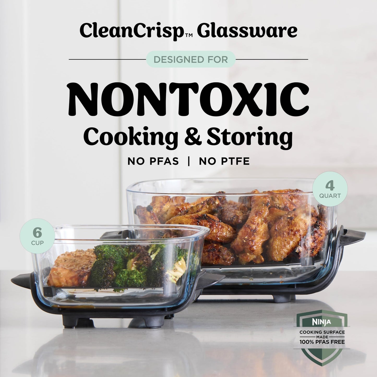 Ninja Crispi 4 in 1 Glass Air Fryer, 450°F, Non Toxic, 4QT and 6 Cup Containers with Lids, Dishwasher Safe, Stone, 1 Count, FN101ST