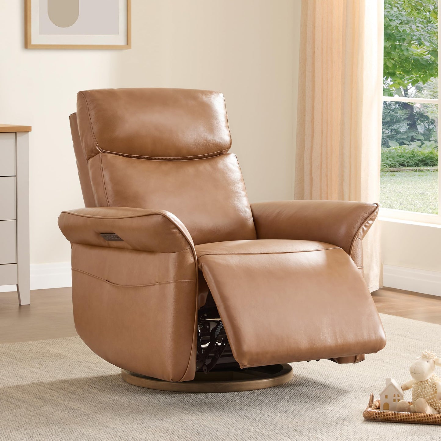 CHITA Power Recliner Chair, Electric Triple-Motor Swivel Glider Nursery Rocking Chair with Adjustable Power Headrest and Lumbar Support, GREENGARD Gold Certified, Solid Wood Base, Linen