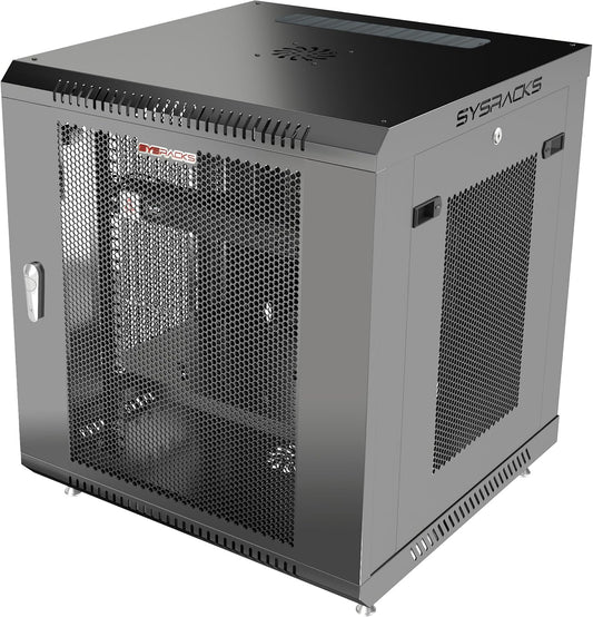 Sysracks 12U Wall Mount Server Rack, 35" Deep, Mesh Door, 19-Inch | Fan, PDU, shelf, cable brush panels, 133 lb wall mount capacity