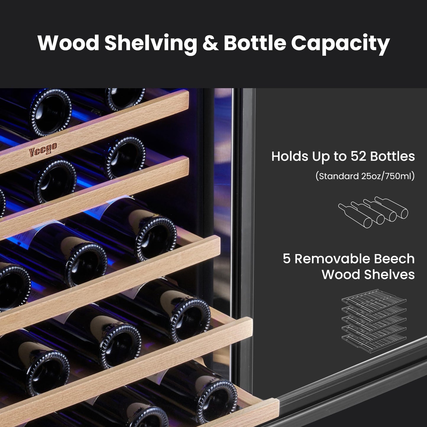 Yeego Wine Fridge Cooler - 24 Inch Dual Zone Wine Fridge Hold 52 Bottles, 40-65°F Wine Refrigerator Glass Door, Built in Fridge, Freestanding Adjustable Shelves Fridge for Beer Soda Drink Home Bar
