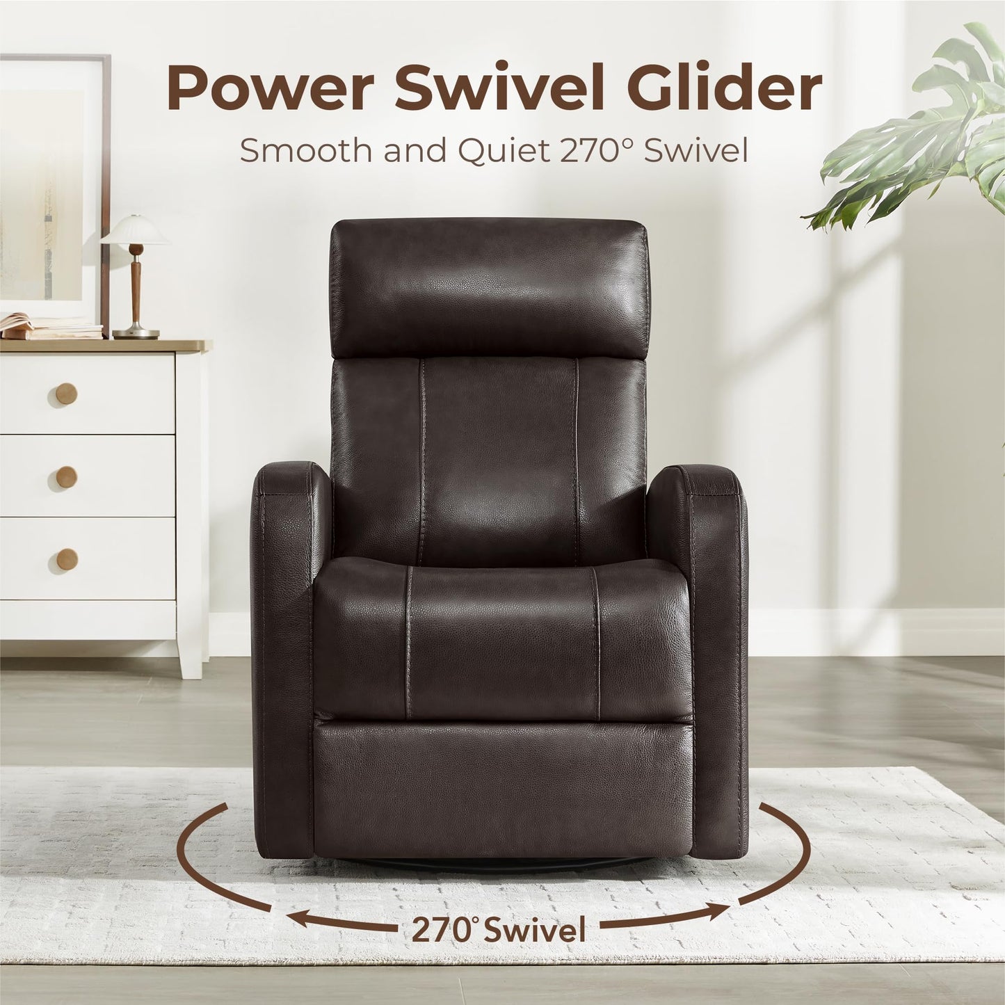 CHITA Genuine Leather Power Recliner Chair for Adults, FSC Certified Electric Nursery Swivel Glider for Living Room, Camel Brown