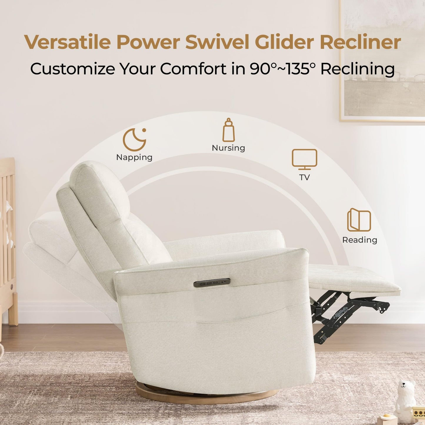 CHITA Power Recliner Chair, Electric Triple-Motor Swivel Glider Nursery Rocking Chair with Adjustable Power Headrest and Lumbar Support, GREENGARD Gold Certified, Solid Wood Base, Linen