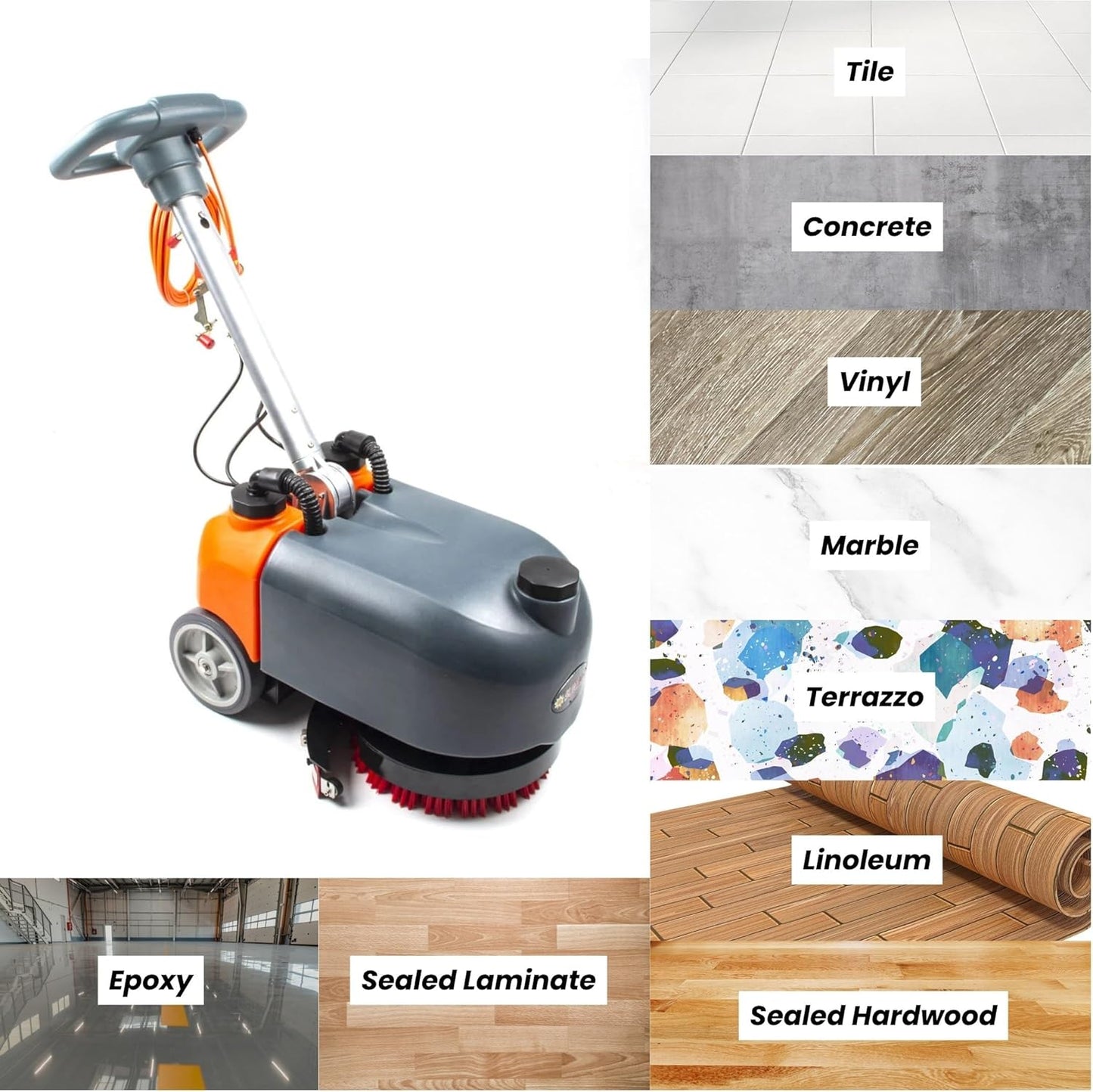 14" Walk-Behind Commercial Floor Scrubber Machine, 18" Squeegee, 3/4-Gal Tanks, 180 RPM, 26-ft Corded Hard Floor Cleaner for Offices, Cafes, Boutiques, Clinics & Tight Spaces