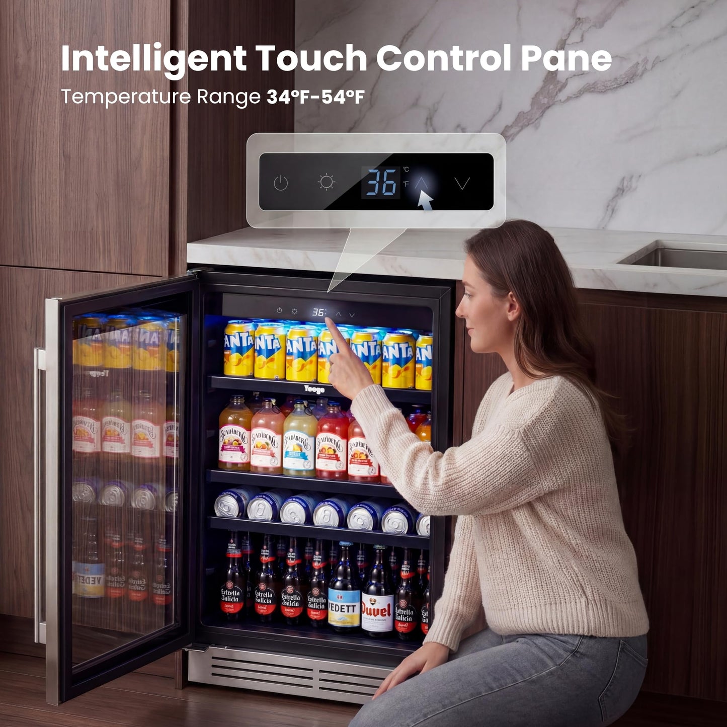 Yeego Beverage Refrigerator & Drink Fridge - 24 inch 180 Cans Beer Cooler Glass Door, 34-54℉ Under Counter Refrigerator Built-in for Drink Soda Wine for Bar Office Bedroom