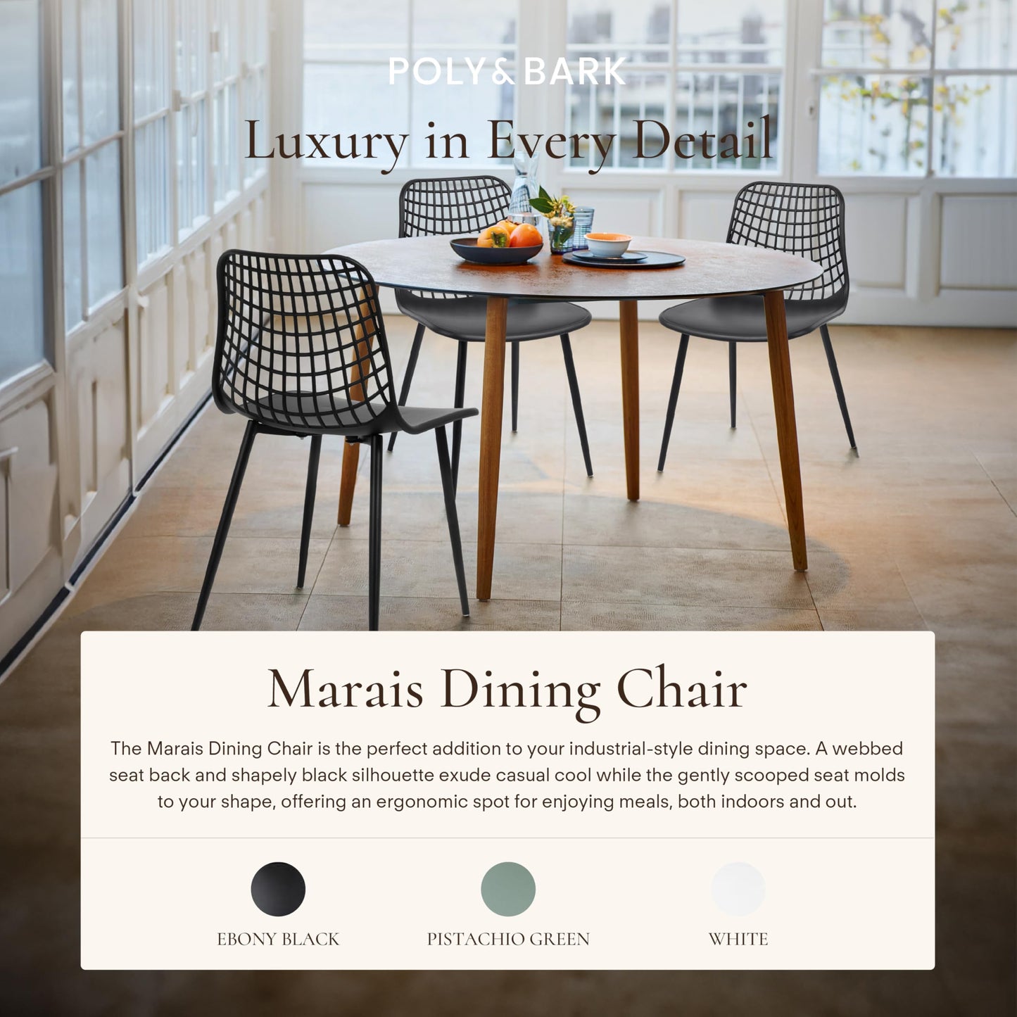 POLY & BARK Isla Modern Dining Chairs Set of 4 – Mid Century Modern Plastic Dining Chair with Metal Legs – Kitchen & Dining Room Chairs – Indoor/Outdoor – White