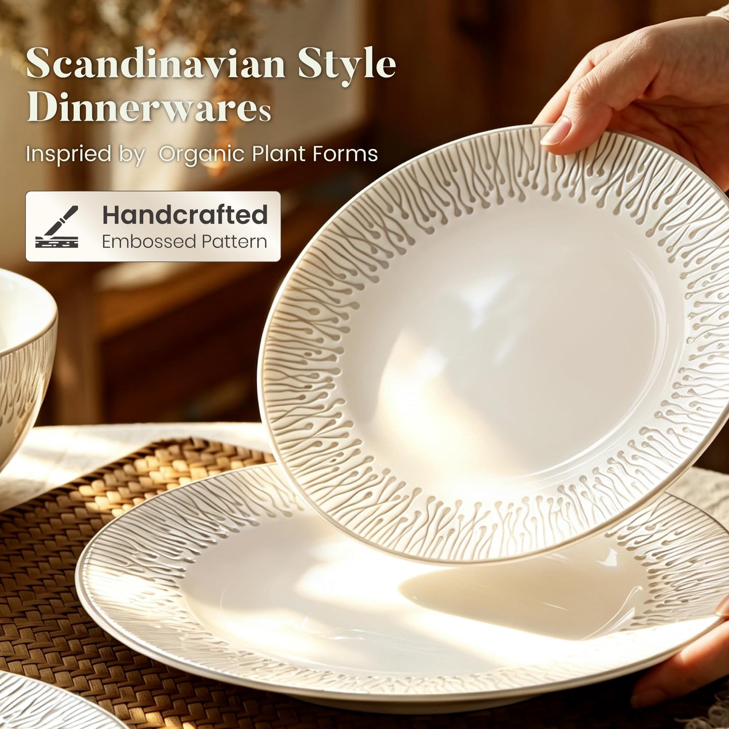 Kitchen Academy Stoneware Dinnerware Sets for 8, Embossed Ceramic Plates and Bowls Set, Beige Dishes