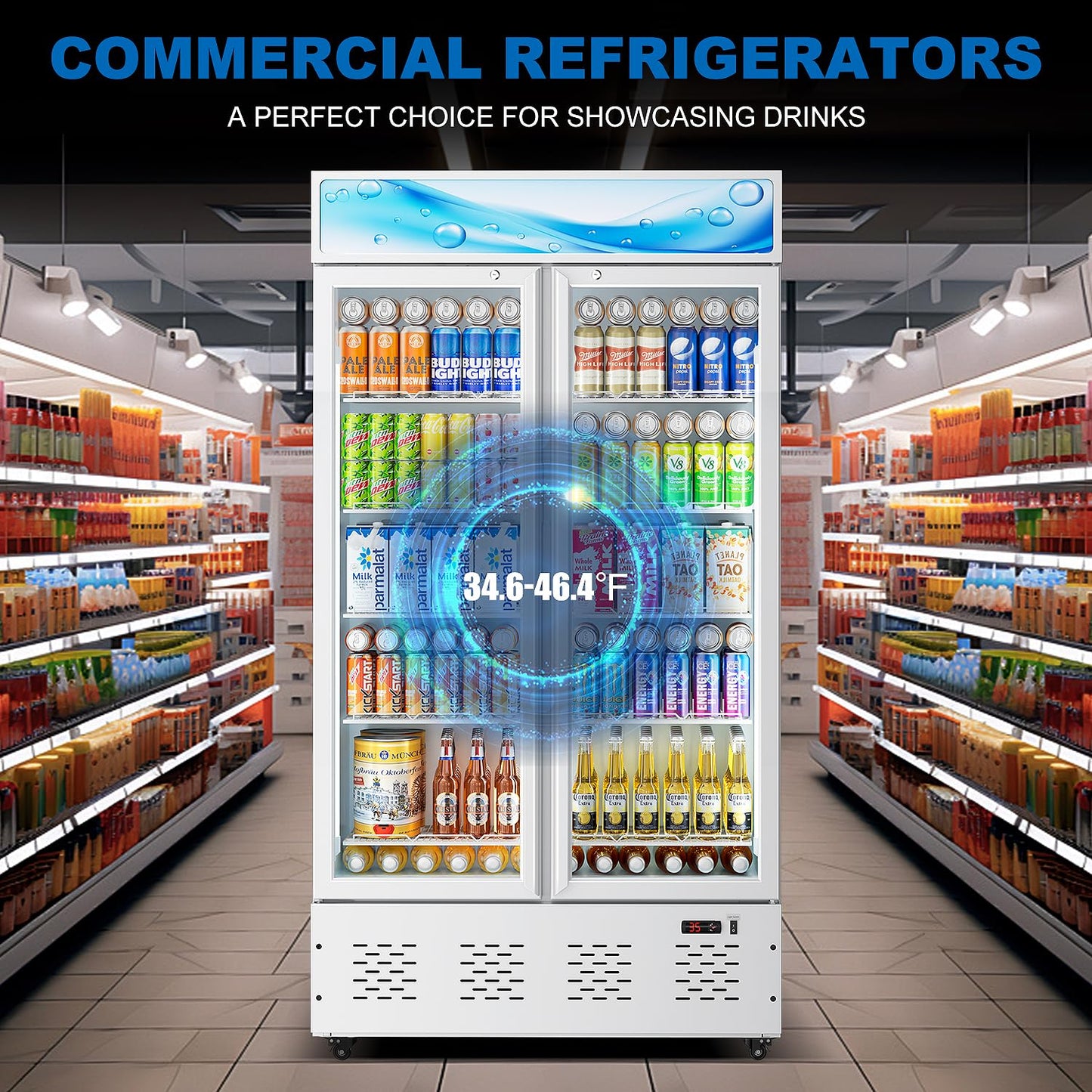 26.8'' W Commercial Beverage Refrigerator, 15 Cu.ft Upright Display Merchandiser Cooler Fridge with LED Light, Adjustable Shelves & Lockable Door for Restaurant Grocery Stores Home, White