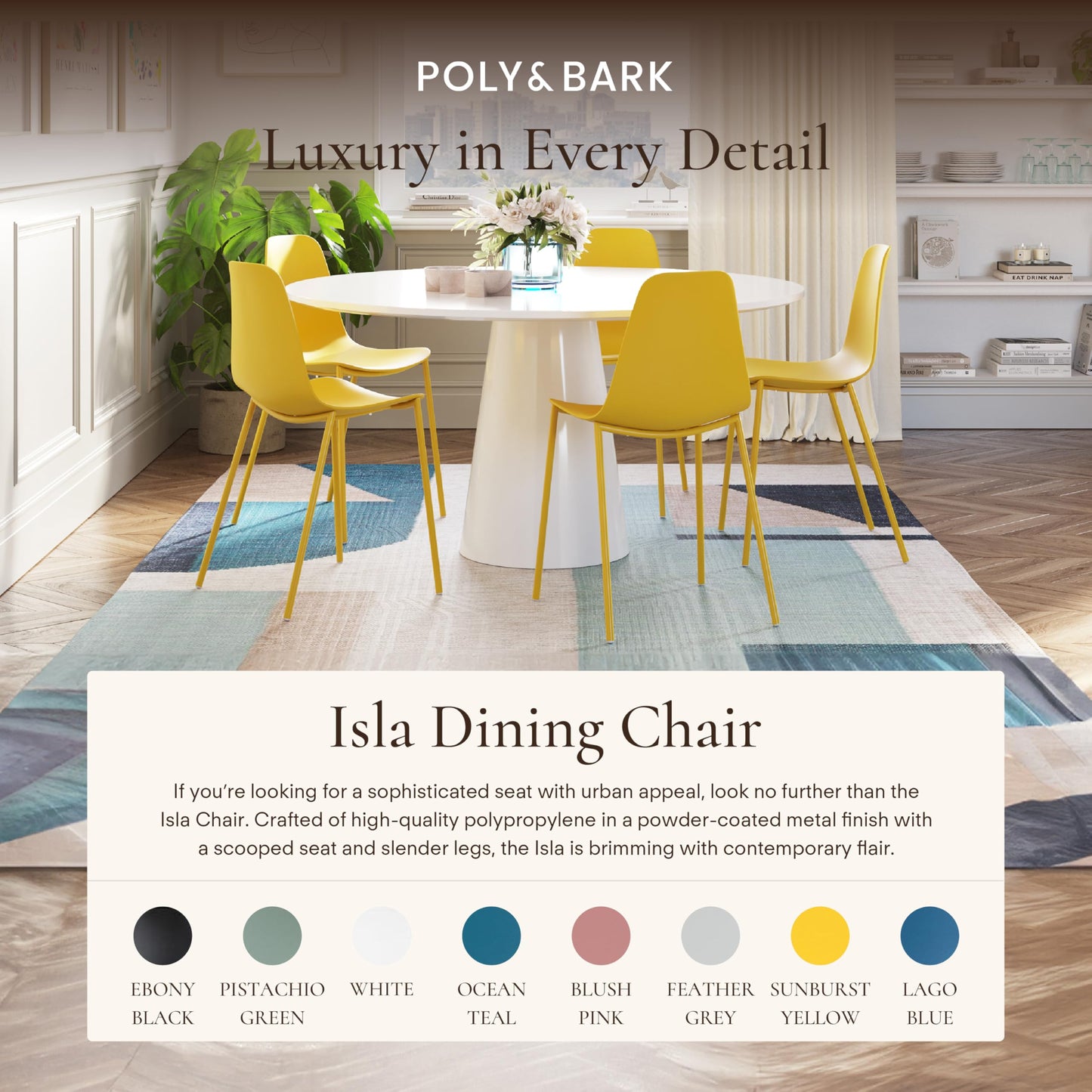 POLY & BARK Isla Modern Dining Chairs Set of 4 – Mid Century Modern Plastic Dining Chair with Metal Legs – Kitchen & Dining Room Chairs – Indoor/Outdoor – White
