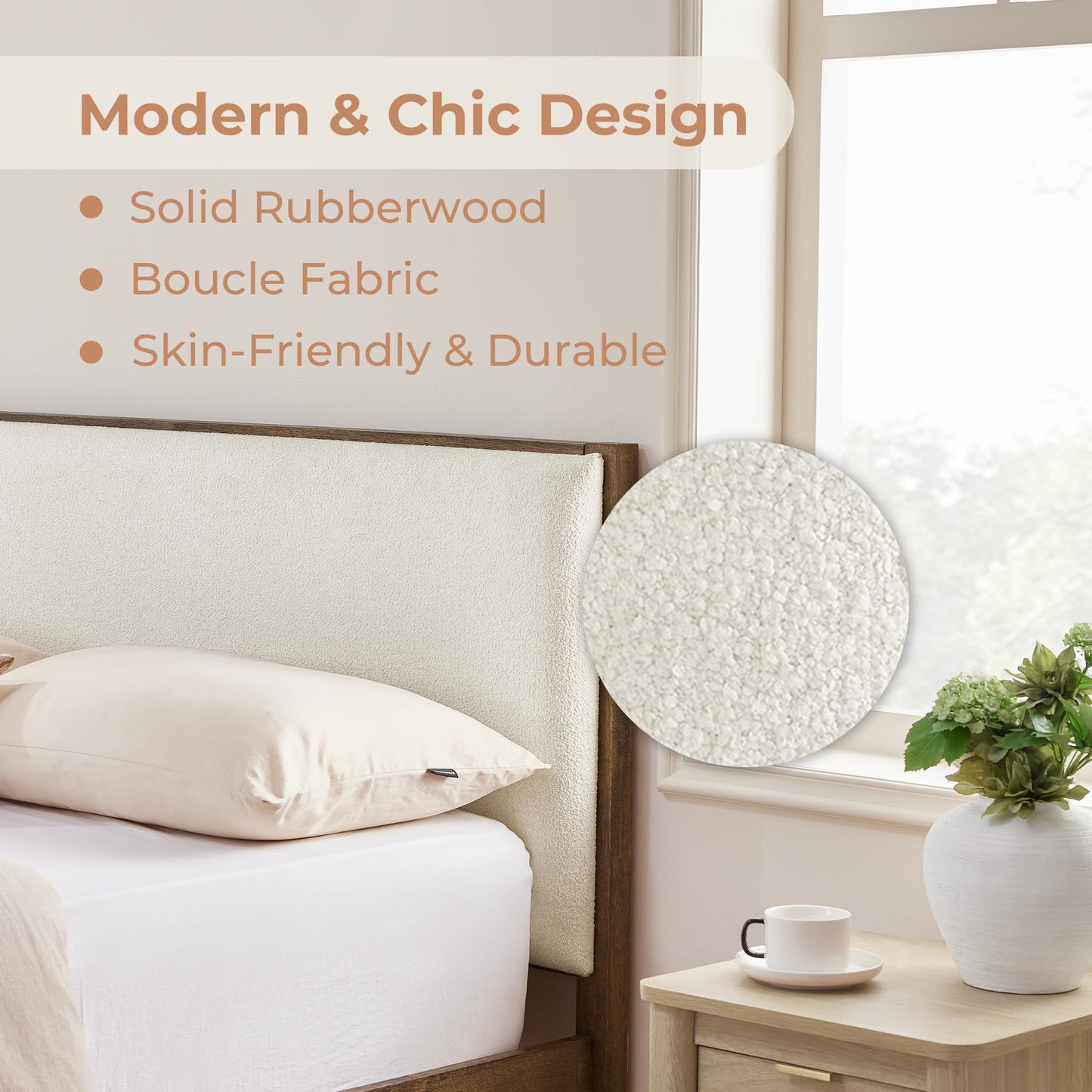 CHITA Queen Size Platform Bed Frame, with Boucle Upholstered Headboard and Wooden Slats Support, No Box Spring Required, Easy Assembly, Walnut
