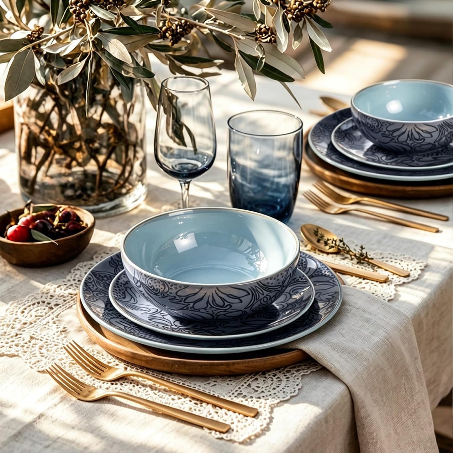Kitchen Academy Scandinavian Dinnerware Set for 4, Stoneware Plates and Bowls Set Non Toxic, 12 Pcs Kitchen Dish Set, Microwave & Dishwasher Safe