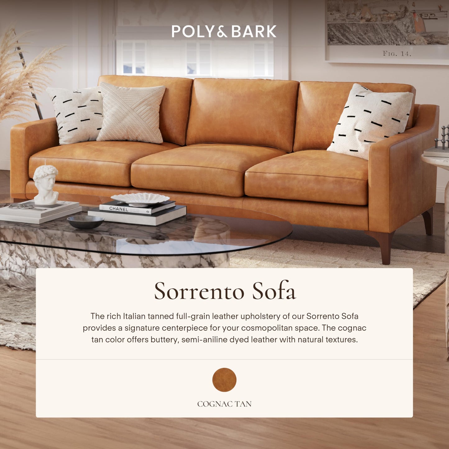 POLY & BARK Sorrento 86" Sofa – Cognac Tan Full-Grain Pure-Aniline Italian Leather, Feather-Down Cushions, Solid Wood Frame & Walnut Legs