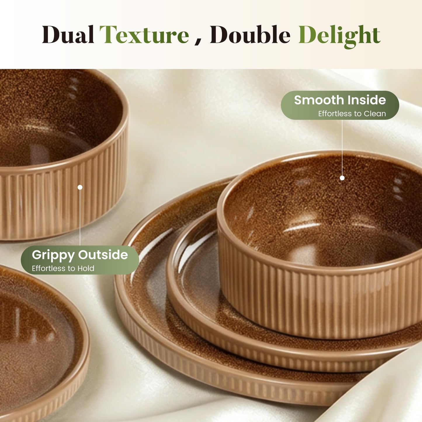 Kitchen Academy Brown Stoneawre Dinnerware Sets for 8, 24Pcs Ceramic Non Toxic Plates and Bowls Sets, Scratch Resistant Dishes, Oven & Microwave Safe