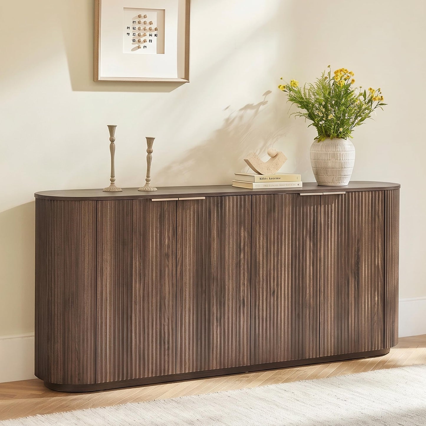 CHITA 70" Sideboard Buffet Cabinet with Storage, Fluted Accent Cabinet with Doors and Adjustable Shelves, Media Console for Living Room, Bar, Kitchen, 32" H, Walnut