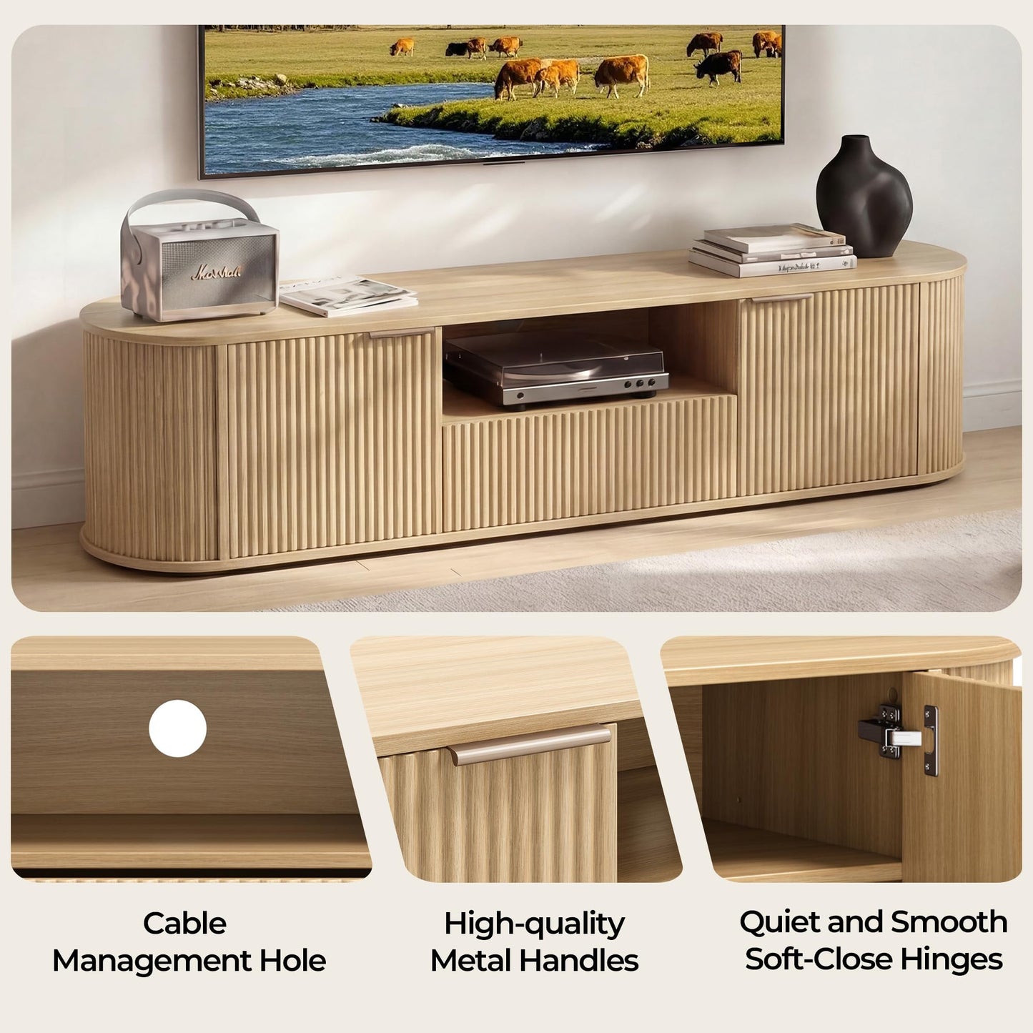 CHITA 70" Fluted TV Stands for Living Room for TVs Up to 80", Mid Century Modern Entertainment Center with Drawers, TV Console for Living Room with Storage and Adjustable Shelves, Walnut