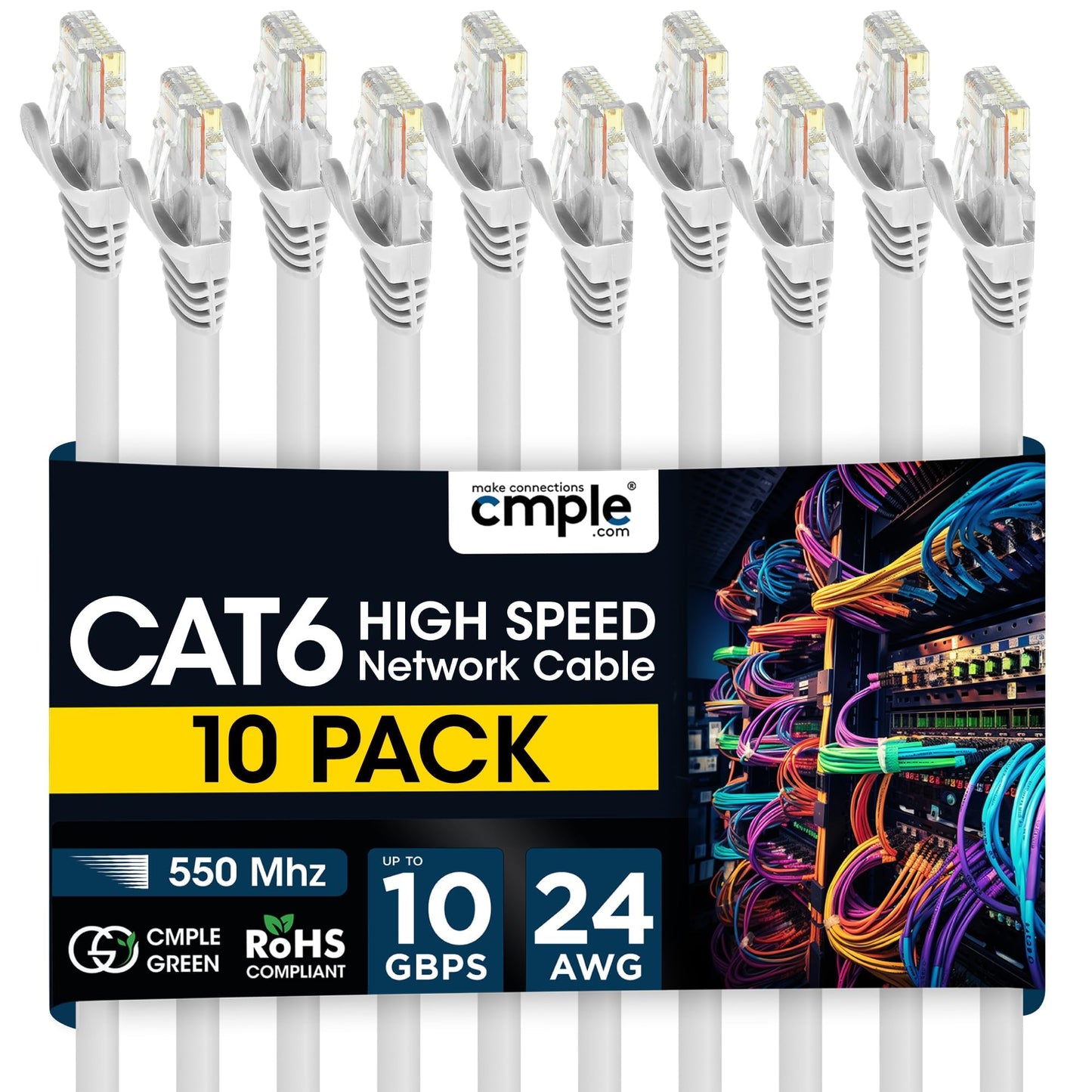 Cmple - Cat 6 Ethernet Cable 10 ft, Cat6 Patch Cables 10Gbps LAN Cable, 550MHz Network Cable, RJ45 Connectors, Compatible with Gaming Computer, Laptop, Modem, Router, HDTV, Gaming Console - Yellow
