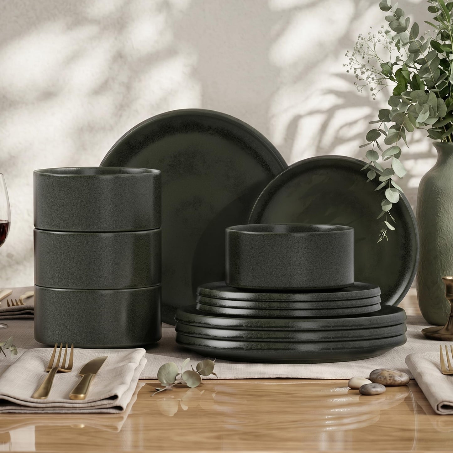 Kitchen Academy Stoneware Dinnerware Sets for 4, 16 Pieces Ceramic Non Toxic Plates and Bowls Sets, Scratch Resistant Handmade Dish Set, Oven & Microwave & Dishwasher Safe, Matte Black
