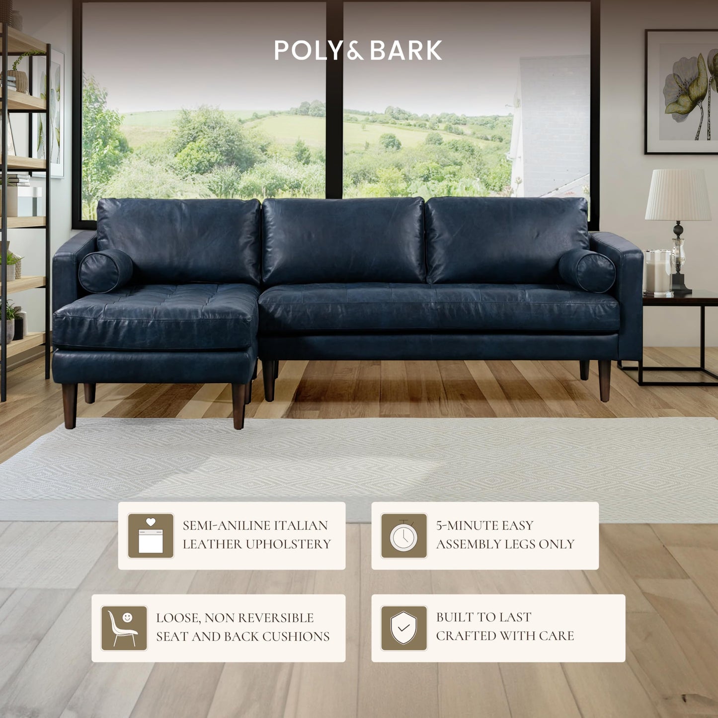 POLY & BARK Napa 82" Leather Pull‑Out Sleeper Sofa – Full‑Grain Italian Leather Upholstery,Tri‑Layer Mattress & Storage Console –Sophisticated Multi‑Functional Sofa Bed for Living Rooms & Guest Spaces