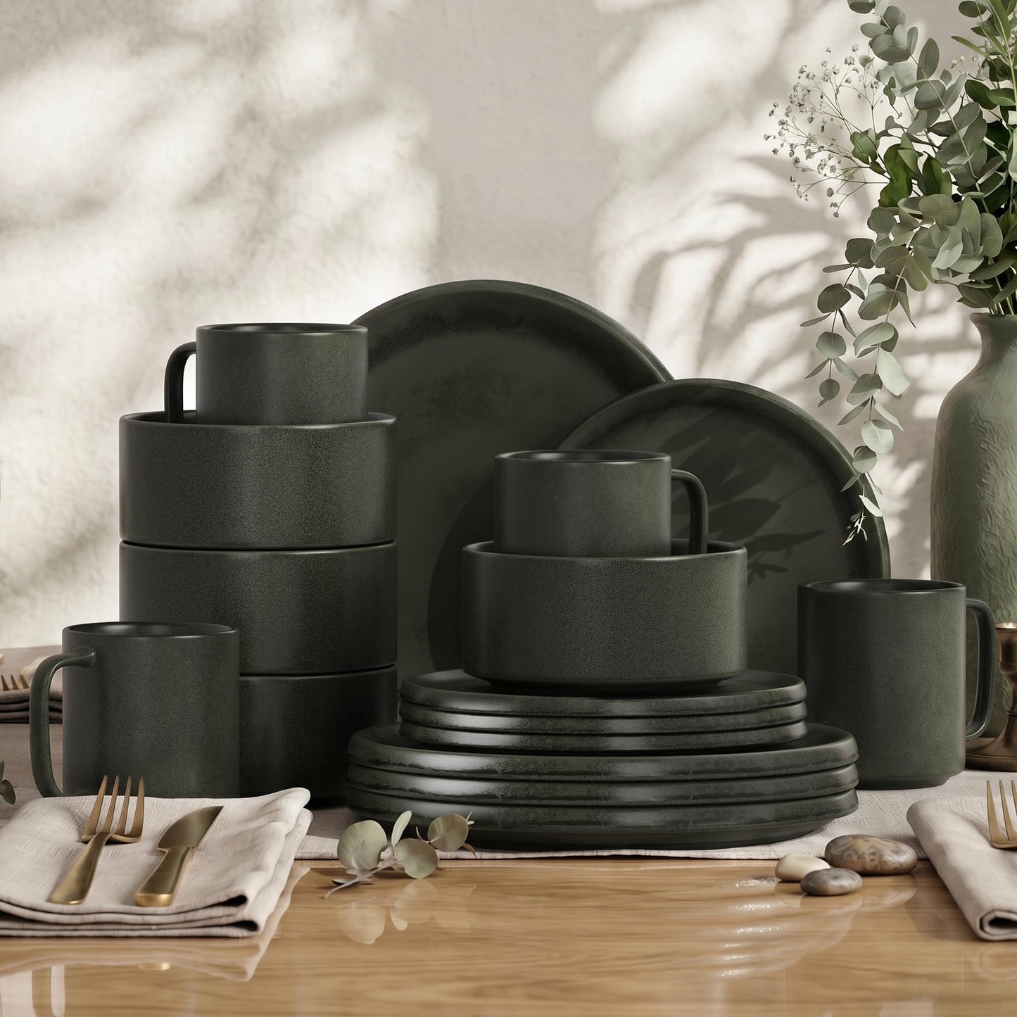 Kitchen Academy Stoneware Dinnerware Sets for 4, 16 Pieces Ceramic Non Toxic Plates and Bowls Sets, Scratch Resistant Handmade Dish Set, Oven & Microwave & Dishwasher Safe, Matte Black