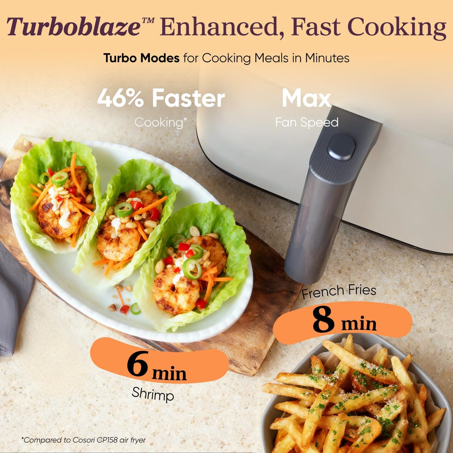 Cosori 9-in-1 TurboBlaze Air Fryer 6 Qt, PFAS-Free Ceramic Coating, 90°–450°F, Precise Heating for Even Results, Air Fry, Roast, Bake, Broil, Dry, Frozen, Proof, Reheat, Keep Warm, 120V, Dark Gray