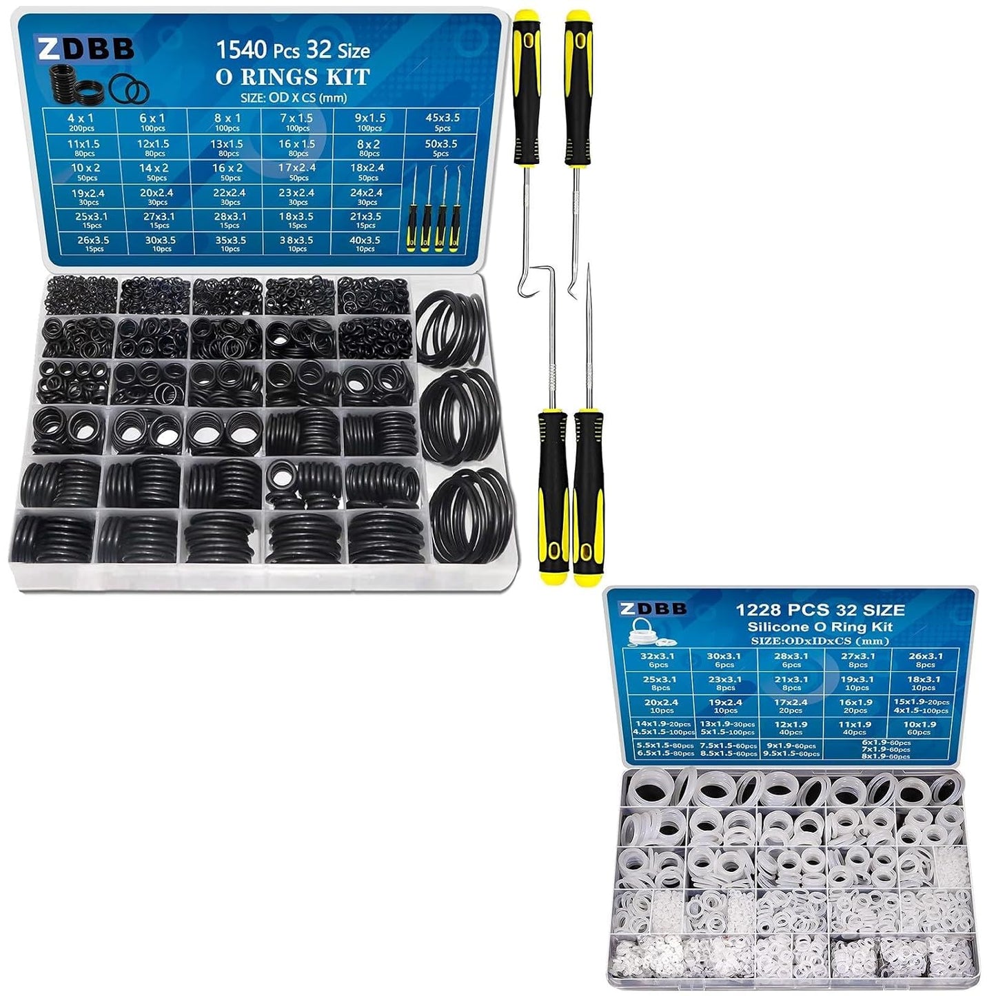 ZDBB 1540 Pcs O Rings Assortment Kit and 1228 PCS Clear Food Grade Silicone O-Ring Kit for Automotive Faucet Pressure Washer Plumbing，Sealing Faucets and Plumbing with Hook and Pick