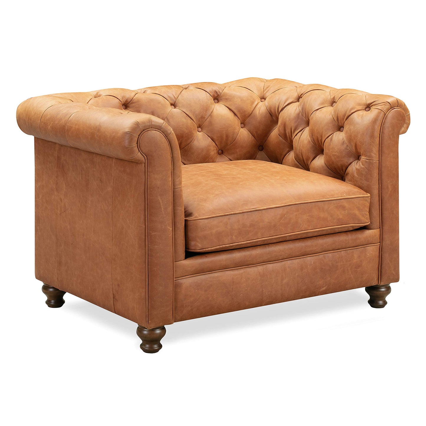 Poly & BARK Rowan Lounge Chairs Set of 2 – Mid Century Modern Leather Armchairs with Ribbed Seat and Solid Ash Wood Frame, Cognac Tan