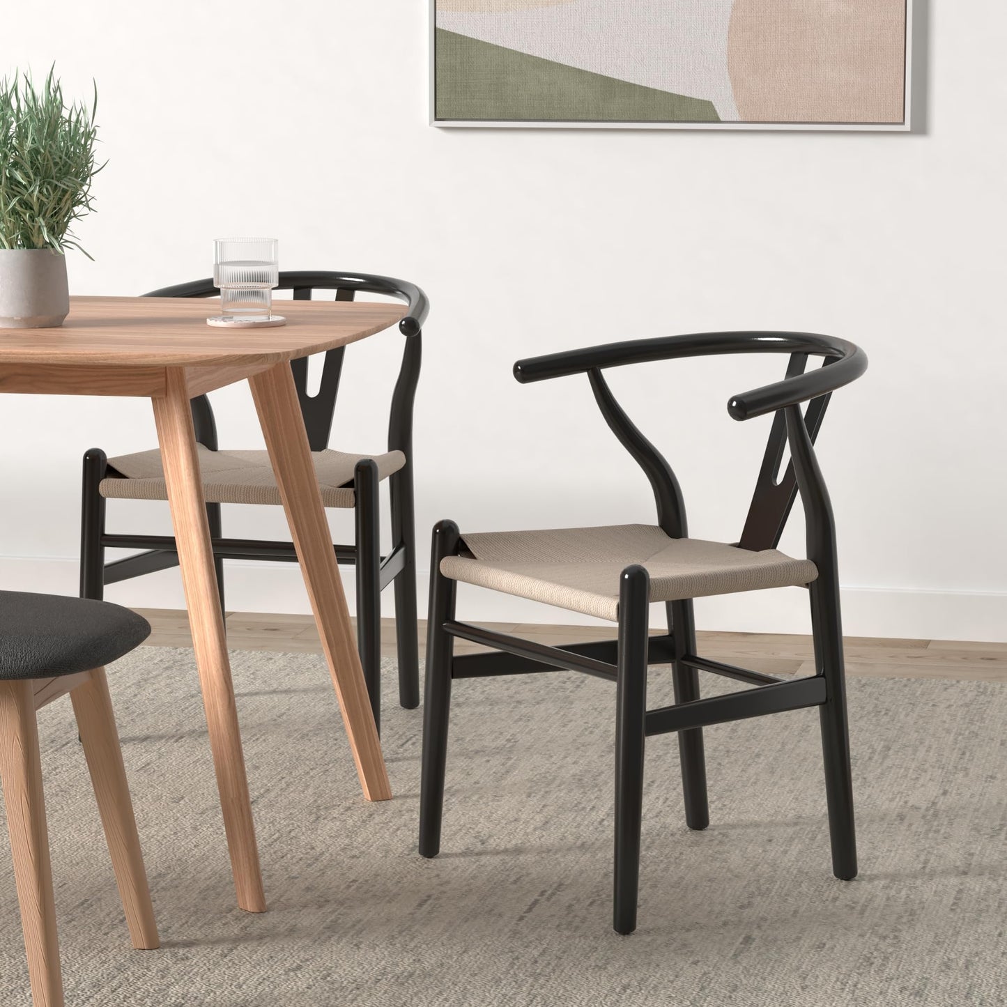 POLY & BARK Weave Dining Chair – Mid-Century Modern Wishbone Dining Chair with Arms, Solid Wood Frame, Indoor Use – Black – Single - Ideal for Dining Room, Kitchen or Stylish Accent Setting